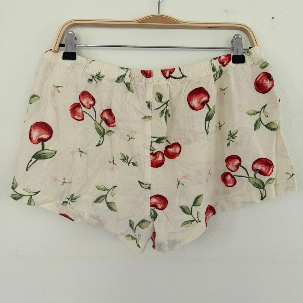 Sweethearts Women XL Cherry Print Pajama Shorts Cream Rayon Linen Sleepwear NEW